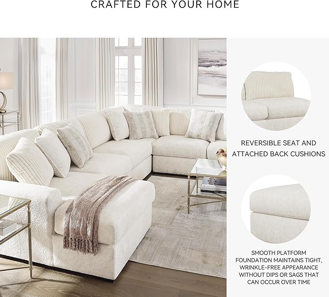 Signature Design by Ashley Chessington Modern U-Shaped Anti Sag 4-Piece Sectional with Chaise, Reversible Seat Cushions and 9 Accent Pillows, White