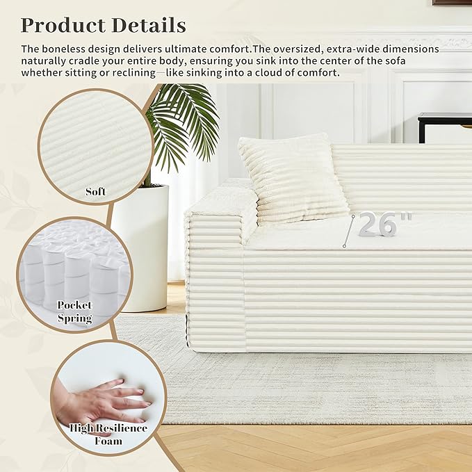 75" Cloud Loveseat Sofa, 26" Deep Seat Boneless Couches for Living Room, Modern 3 Seater Sofa with Throw Pillows, Corduroy Compression Sofa in Box, No Assembly Couch for Bedroom, Dorm, Beige