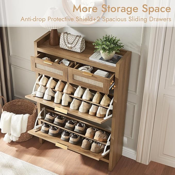 HOKYHOKY Rattan Shoe Storage Cabinet with 2 Drawers & 2 Flip Drawers – Hidden Slim Shoe Organizer for Entryway, Large Tabletop Space, Farmhouse Boho Narrow Shoe Rack, Rustic Oak - Image 4