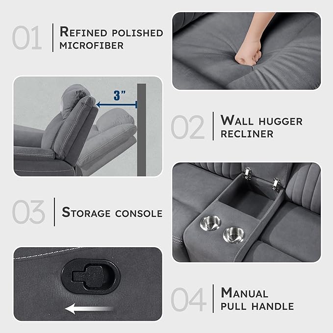 Lexicon Manual Double Reclining Loveseat, Polished Microfiber Manual Wall Hugger Loveseat Recliner for Living Room, Center Storage Console/Cup Holders, Easy Assembly, Gray