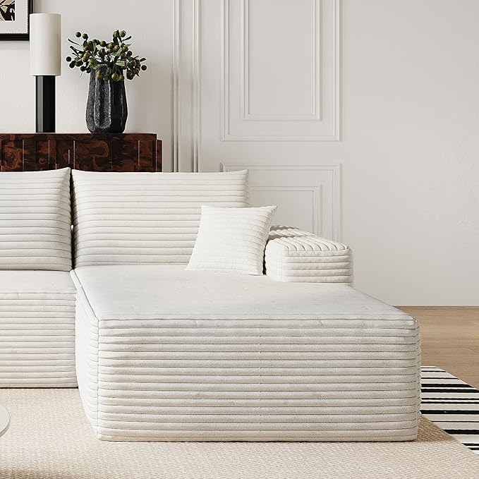 107" Oversized White Cloud L Shaped Sofa - Plush Corduroy Big Couch for Living Room Bedroom Apartment, Right Facing Chaise, No Assembly Required