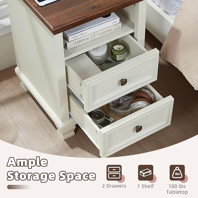 SAVOR LIFE Farmhouse Side Table with Charging Station, Antique Nightstands with Drawers, Bedside Table with Open Shelf for Bedroom, White - Image 4