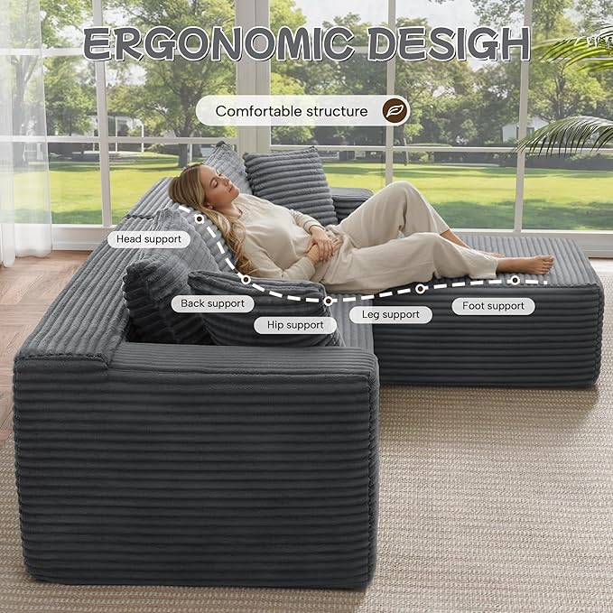 Cloud Sectional Couch, 105” Fluffy Modular L-Shape Sofa with Left Chaise Lounge, Modular Sectional Sofa in a Box, Boneless Couch for Living Room, No Assembly Required, Flannel Gray