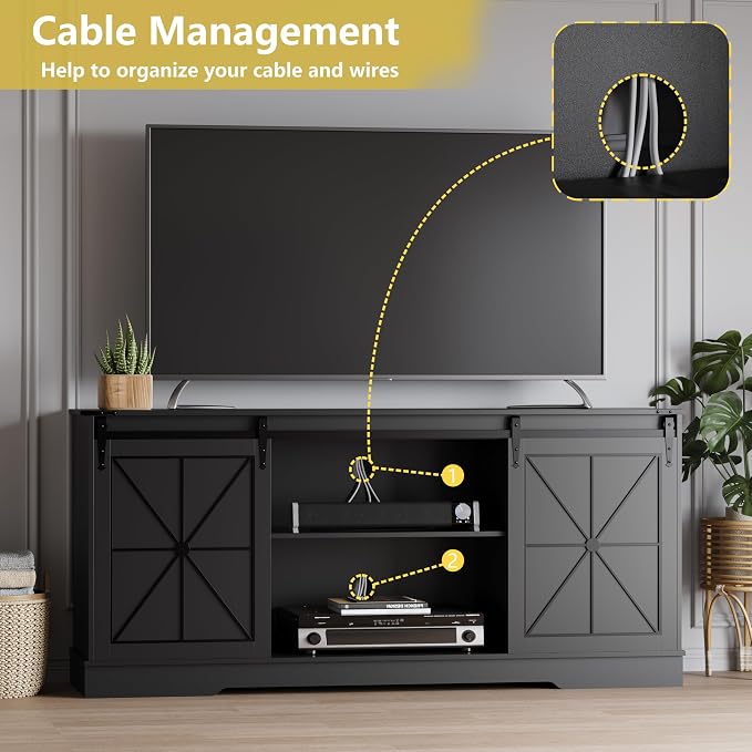 Farmhouse TV Stand for 65/60/55 Inch Tvs, Rustic Entertainment Center with Storage Cabinets & Sliding Barn Doors, Modern Media Console Table, Wood Television Furniture for Living Room, Bedroom, Black - Image 4