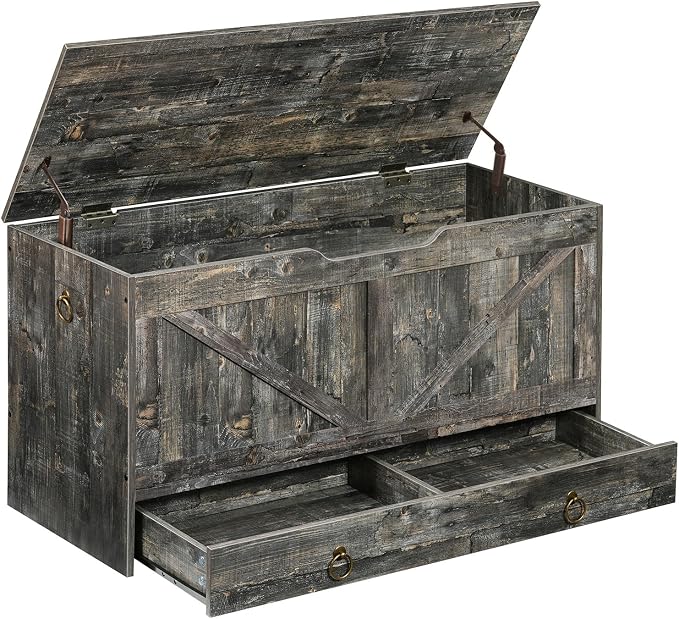 HOOBRO Storage Chest, 39.3" Toy Chest with Drawer, Wooden Storage Bench, Sturdy Entryway Bench Supports 220 lb, Shoe Bench, Safety Hinge, U-Shaped Opening, Easy Assembly, Vintage Gray VP710CW01G1 by HOOBRO