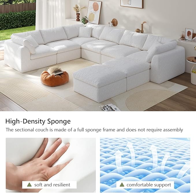 Modular Sectional Sofa Boneless Cloud Couch for Living Room, U Shape Deep Seat Recliner Sofa with Ottoman, Adjustable Backrest & 2 Throw Pillows - Covers Washable, (White, 6 Seater+2 Ottoman)