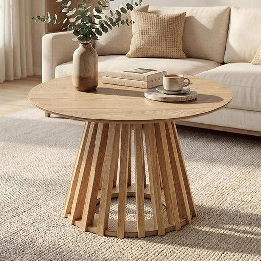 DUOMAY Modern Round Coffee Table with Unique Geometric Base, Sleek White Wood Accent Table for Living Room Office Lounge, Natural Wood Color
