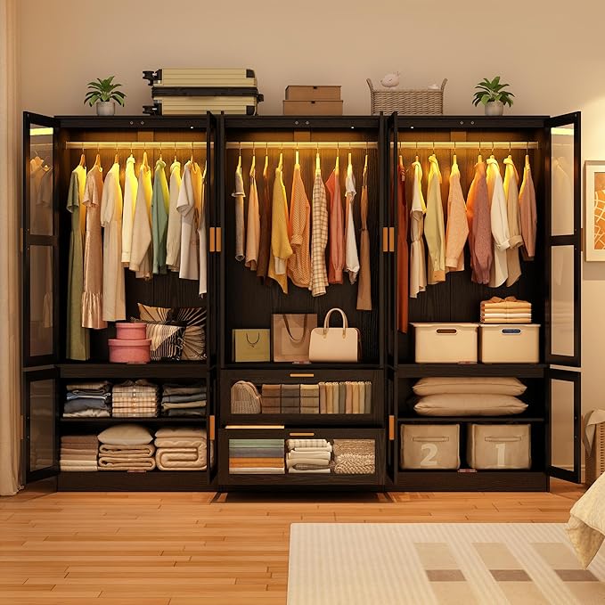 6 Doors Armoire Wardrobe Closet with LED and Mirror,71" H Freestanding Wooden Wardrobe Closet Cabinet for Bedroom w 2 Drawers,Wooden Clothing Storage Cabinet w Hanging Rod,Closets for Bedroom(Black)