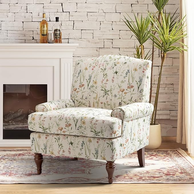 HULALA HOME Accent Chair with Solid Legs & Removable Cushion, Floral Comfy Upholstered Armchair, Leisure Single Sofa Chair for Living Room/Bedroom, Spring