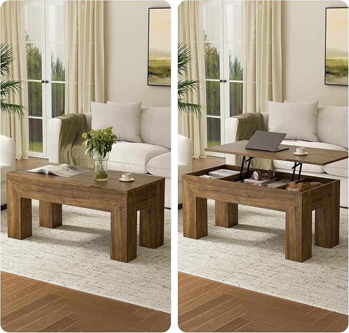 FABATO 41.7'' Lift Top Coffee Table, Wooden Rectangle Coffee Table with Hidden Storage, Large Center Table Adjustable Height Sofa Table for Living Room Office Apartment, Brown