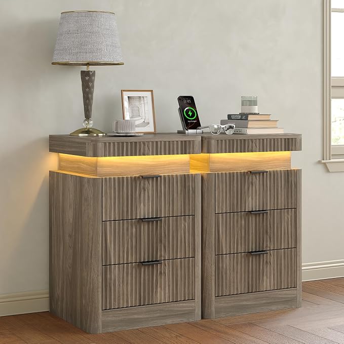 Yanosaku Night Stand Set of 2 with Charging Station, 3-Drawer Fluted LED Bedside Tables with Sliding Top & USB Outlets, Modern End Tables for Small Bedroom Living Room, Light Brown by Yanosaku
