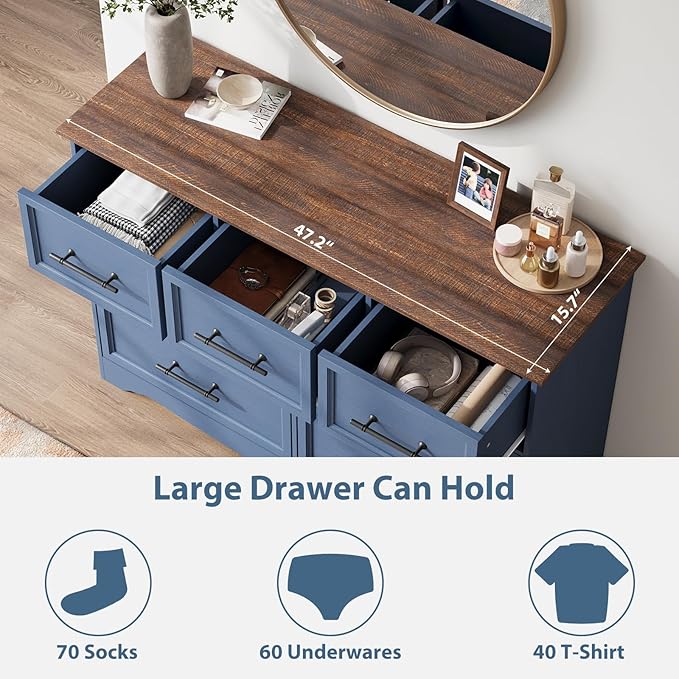 Bedroom Set, 3 Pieces Bedroom Furniture Set, Wood 7 Drawer Dresser and 3 Drawers Nightstands with Charging Station, Farmhouse Storage Organizer Cabinet for Bedroom, Blue