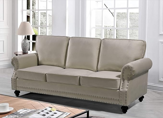 Lotus Mid Century Modern Velvet Upholstered Living Room Rolled Arms, Chair, Loveseat and Sofa, Ivory