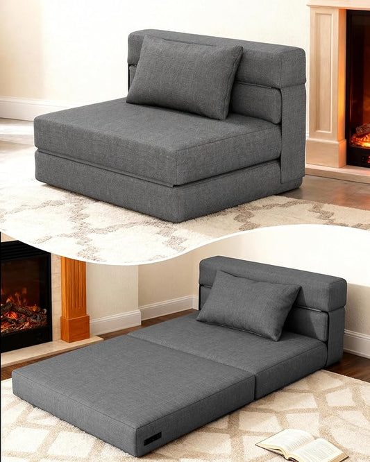 KINGYES 3 in 1 Foldable Chair Bed, Folding Sleeper Chair with Back Cushion, Convertible Chair Bed Sleeper for Adults, Gray