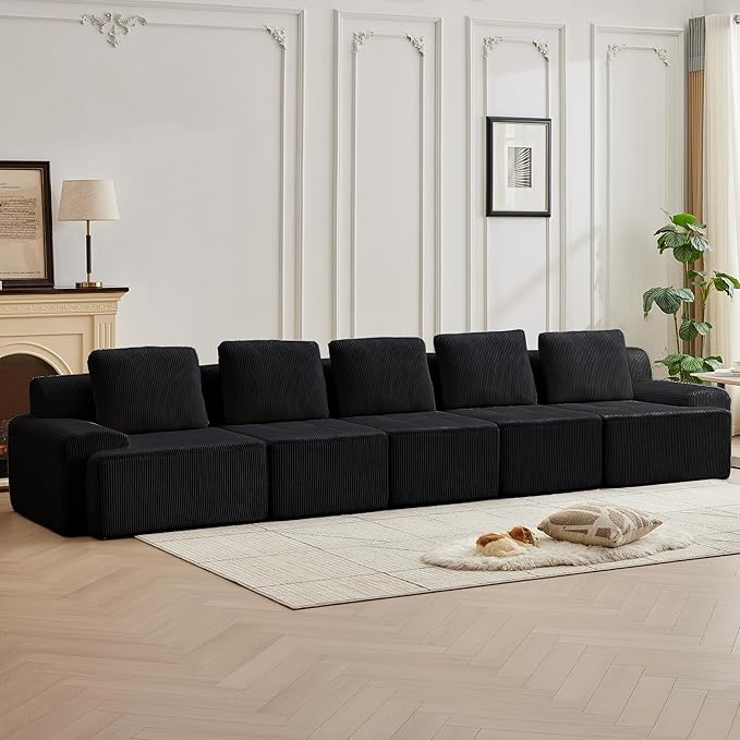 Modular Sectional Sofa with Movable Ottoman, 5 Seat Deep Seat Couch with 5 Pillows, Comfy Cloud Sectional Sofa for Living Room, Bedroom and Apartment (Black, 1 Left+1 Right+3 Middle)