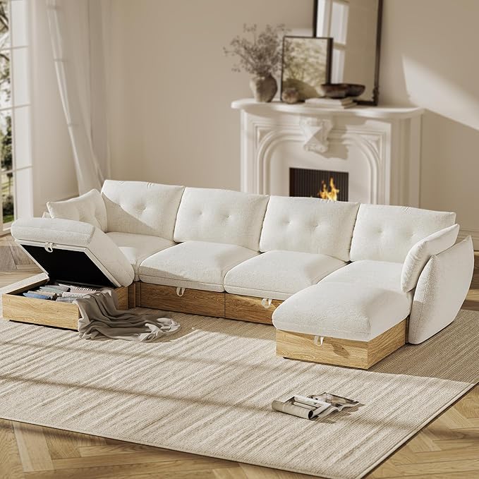 134" U Shaped Cloud Couch Sectional Modular Sofa with Storage, Cotton and Linen Fabrics Modern Oversized Deep Seat Sofa with Armrest Pillow, Easy Assembly for Living Room, Apartment, Ivory