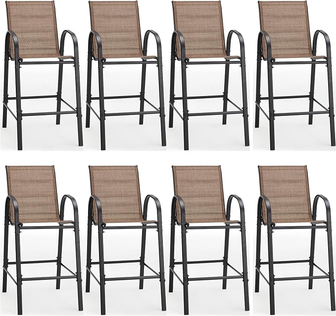 HOMREST Outdoor Bar Height Stools Set of 8,High Back Patio Chairs with Armrests,Textilene Chairs with Breathable Fabric & Metal Frame for All Weather,Brown by HOMREST