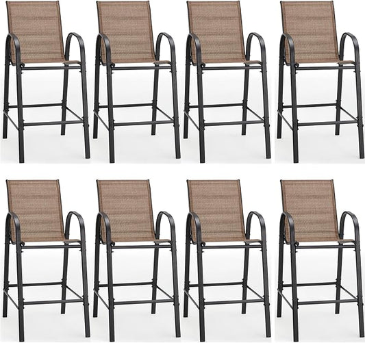 HOMREST Outdoor Bar Height Stools Set of 8,High Back Patio Chairs with Armrests,Textilene Chairs with Breathable Fabric & Metal Frame for All Weather,Brown by HOMREST