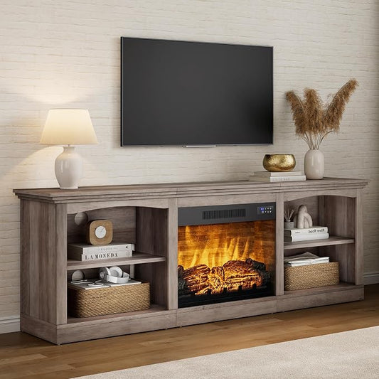 AMERLIFE 70" Farmhouse Fireplace TV Stand for TVs up to 80", Entertainment Center with 23" Fireplace, Open Shelves, One-Box Delivery, Media Console Table for Living Room, Rustic Grey by AMERLIFE