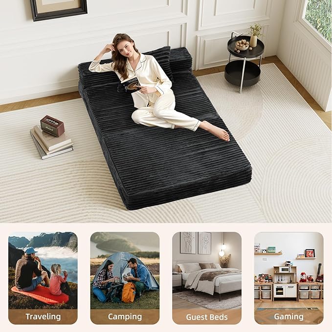 Convertible Foldable Sofa Bed Queen - 4 in 1 Sleeper Chair with Pillow, Fold Out Couch, High-Density Foam Floor Mattress, Space-Saving Futon for Living Dorm Guest Room and Office, Grey