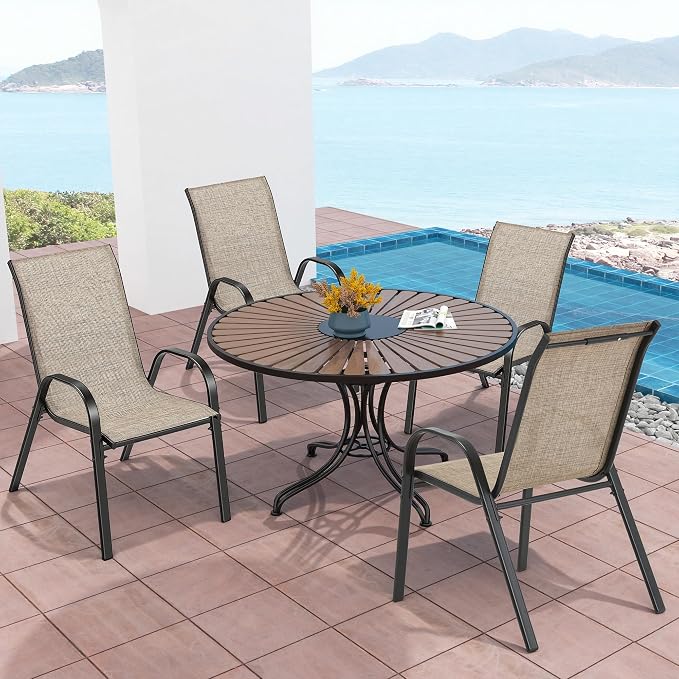 HOMREST Patio Chairs Set of 4,Outdoor Dining Chairs with Armrests,Backyard Stackable Chairs with Breathable Fabric & Metal Frame for All Weather,Brown - Image 2