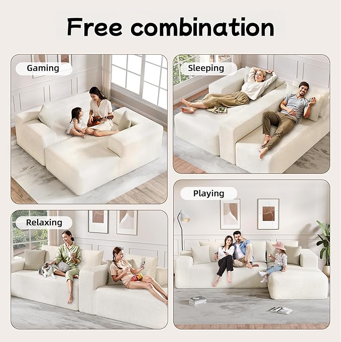 L-Shape Cloud Sectional Sofa, 104” Modern Modular Boneless Couch with Left Chaise Lounge, Compressed Floor Sofa with 5 Pillows & Deep Seat, Rain Drop Velvet Couch for Living Room, Beige