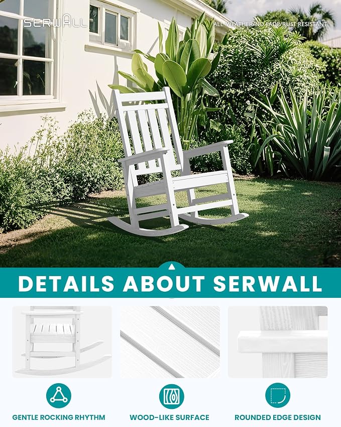 SERWALL Outdoor Rocking Chair, HDPE Rocking Chair for Adults, All Weather Porch Oversized Rockers for Lawn Garden, White - Image 7
