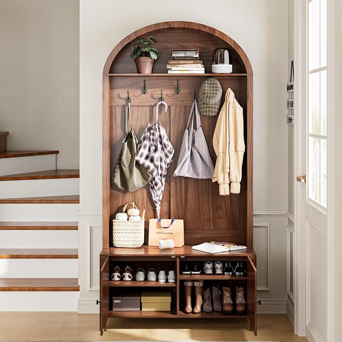 Hall Tree with Bench and Shoe Storage, Entryway Storage Bench with Coat Rack, 78.74" Coat Rack with 7 Hooks and Adjustable Shelves, Farmhouse Style Furniture Organizer for Hallway (Walnut, 78.74"H) - Image 8
