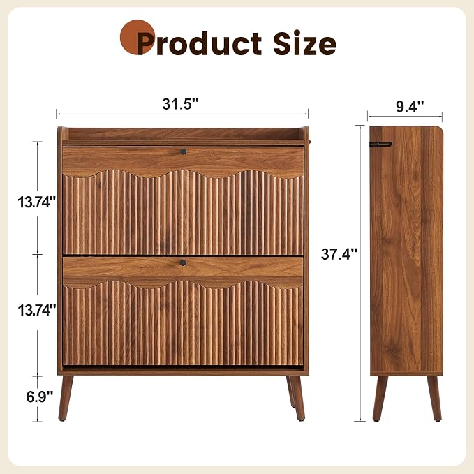 BERRYMERRY 31.5" Fluted Shoe Storage Cabinet with 2 Flip Drawers, Narrow Shoe Storage Organizer Rack with Wave Door for Entryway, Hallway, Living Room - Image 3