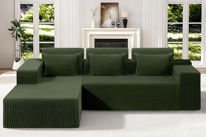 Homguava Modular Sectional Couches for Living Room,105" Cloud Couch with L-Shape Chaise,Comfy Sofa Living Room Sofas with Deep Seat,No Assembly L Couch,Corduroy Fabric(Green,L)