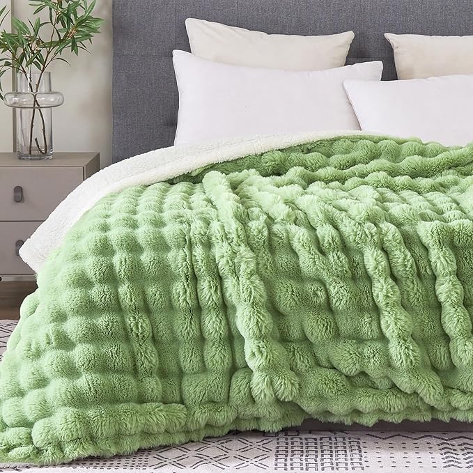 50x60 Inches Ultra-Soft Fuzzy Faux Fur Plush Throw Blanket - Thick, Warm Sherpa for Couch, Sofa, Bedroom, Camping - Decorative Blanket for Cozy Warmth, Bubble Light Green