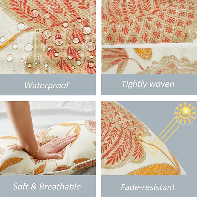JMGBird Water-Resistant Outdoor Pillows Set of 2, 12x20 inch Durable Beige with Orange Leaf Pattern Throw Pillows with Inserts for Patio Furniture