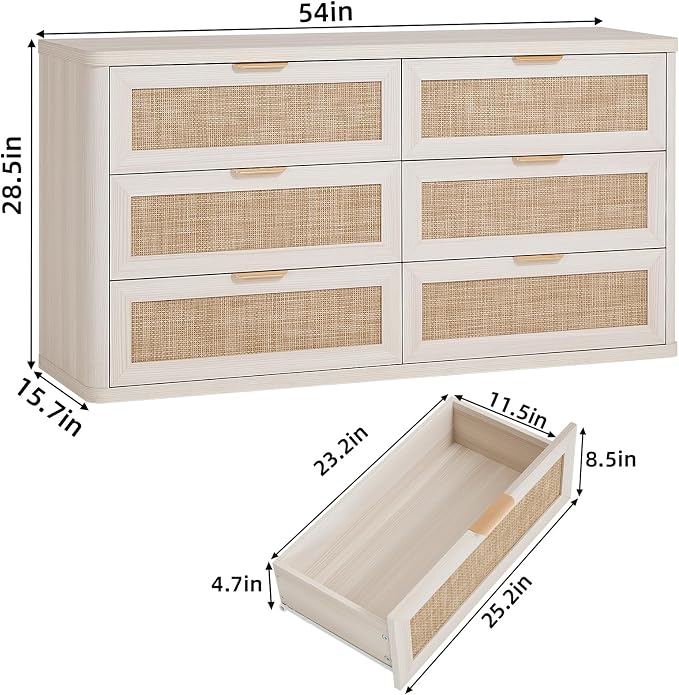 LEYAOYAO Rattan 6 Drawer Dresser for Bedroom Set of 2, Boho 54" Wide White Dresser Chest of Drawers, Dressers TV Stand with Metal Handle, Storage Dressers Closet Organizer for Living Room, Hallway - Image 2
