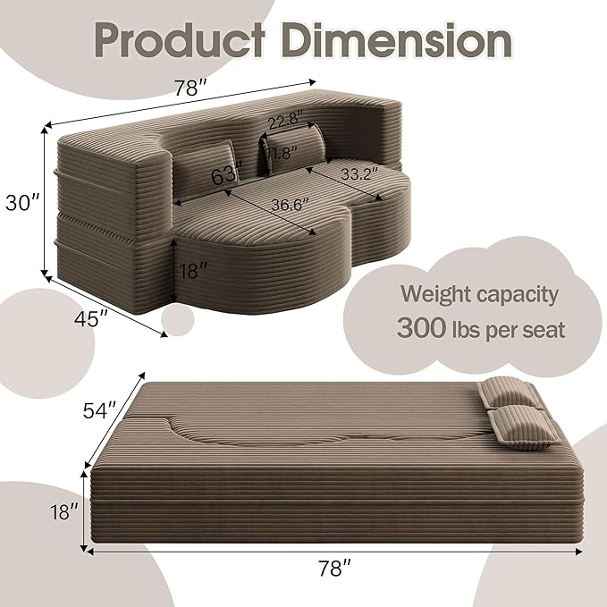 78" Convertible Sofa Bed, 2-in-1 Folding Floor Couch with 2 Pillows, Sleeper Sofa for Living Room and Bedroom, No Assembly Required (Coffee Brown, Corduroy Fabric)