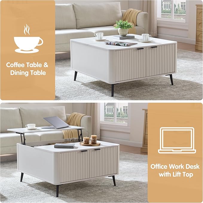 Lift Top Coffee Table with Storage, 35.4" Wide Square White Coffee Table with Large Hidden Compartment, Mid Century Modern Fluted Center Table for Home Living Room