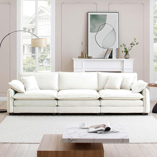 KEIKI 115" Oversized Corduroy Modular Sectional Cloud Sofa with High-Density Foam Cushions, Removable Armrests, Upholstered Modern 3-Seater Fluffy Corner Couch with 5 Pillow, for Living Room, Beige