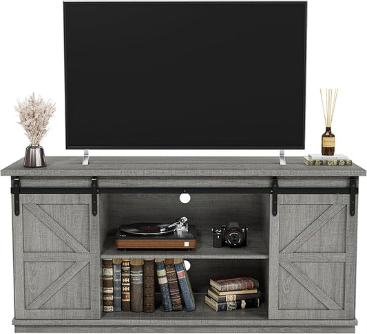 JUMMICO TV Stand for 65 Inch TV, Entertainment Center with Storage Cabinets and Sliding Barn Doors, Mid Century Modern Media TV Console Table for Living Room Bedroom (Pale Gray) by JUMMICO
