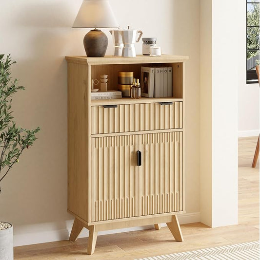 Fatmok Buffet Cabinet with Storage, 40" Modern Fluted Coffee Bar Cabinet with Drawer & Open Shelf, Wood Buffet Sideboard Console Table for Entryway, Kitchen, Living Room (Natural Wood) by Fatmok