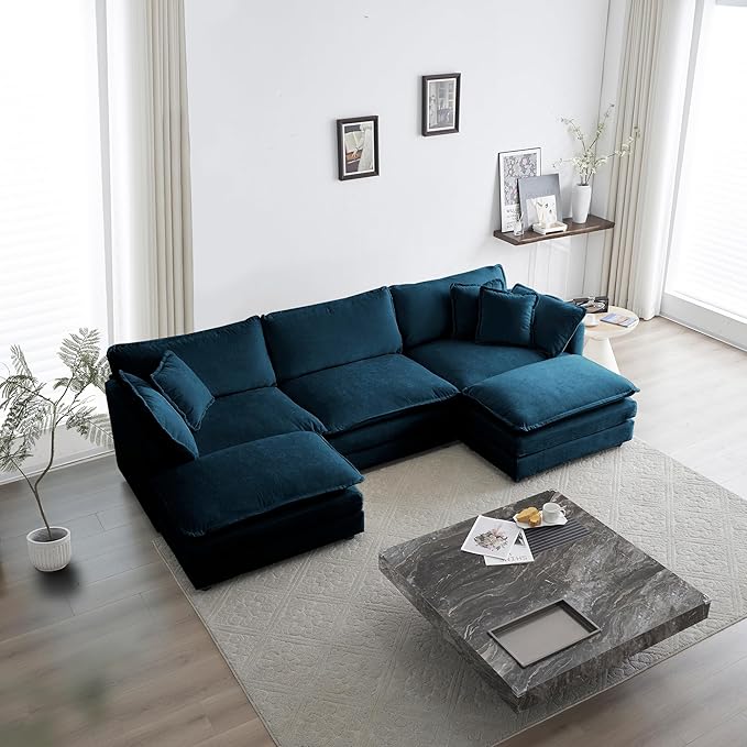 KEIKI Combination Sofa, Upholstered 5 Seater Couch, Oversized U Shaped Sectional Sofa with Reversible Ottoman for Living Room Bedroom Office, Blue