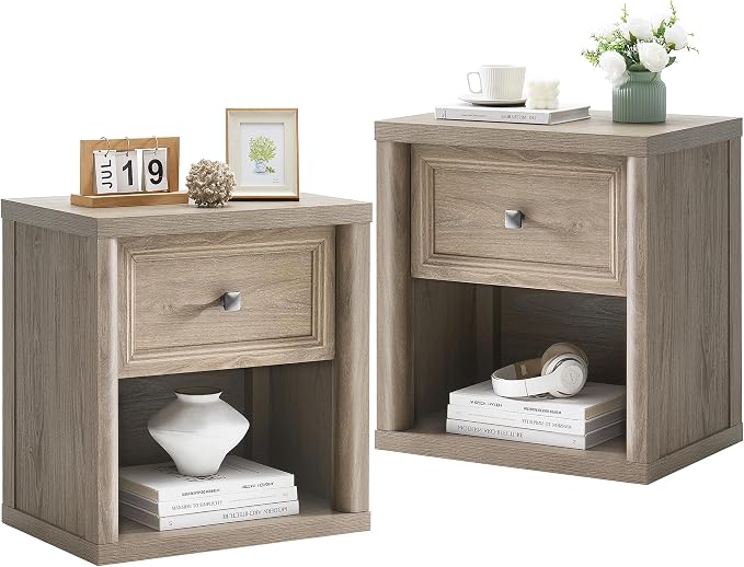 Grey Nightstand Set of 2, Farmhouse Modern Night Stand with Drawer & Open Storage Space, Large Bed Side Table for Bedroom Living Room, End Table with Metal Knob, Wooden Bedside Table by StandifurnoFurniture