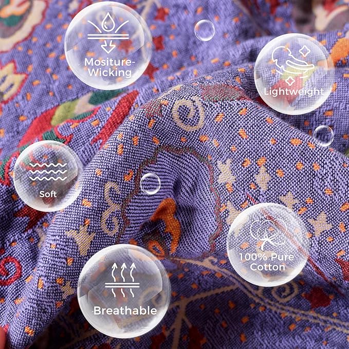 Boho Throw Blanket for Bed 100% Cotton Soft Lightweight Quilt Home Decor Purple Spring Bed Blanket,Floral Embroidery Reversible All Season Breathable Twin Throws for Sofa Couch Chair 60"x80"