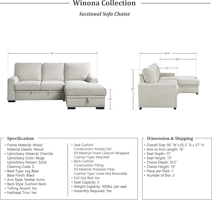 Lexicon Mid Century Modern Sectional Sleeper Sofa Bed Couch with Storage Chaise, Sectional Sofa Pull Out Couch Bed, Sectional Couch Lounge Sofa for Living Room Apartment, Right Side Chaise, Beige