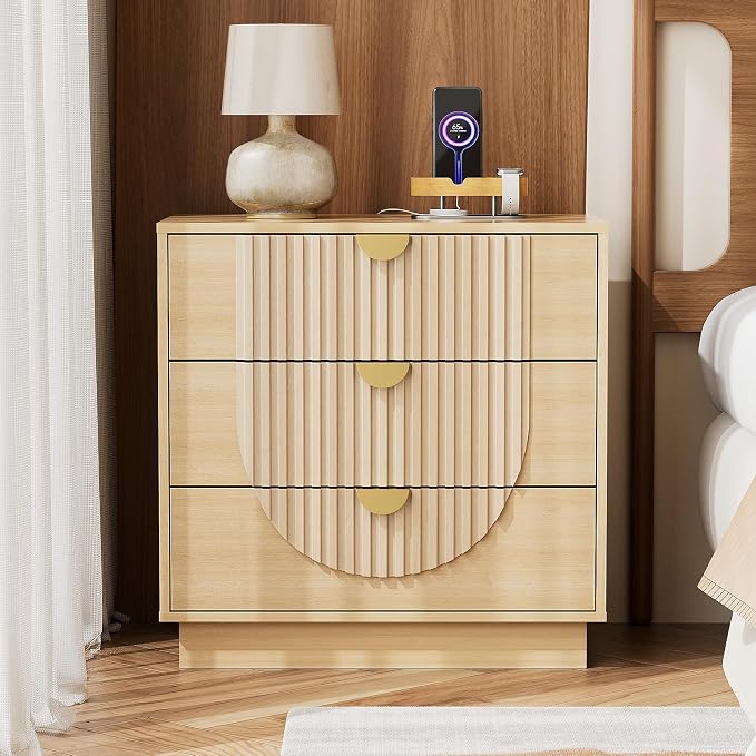 3 Drawer Nightstand with Charging Station,28" Fluted Night Stand & Modern Bedside Table, Wood End Table Storage Cabinet for Bedroom Hallway, Entryway,Caramel Brown Set of 2 - Image 8