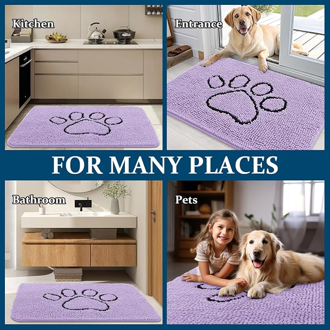 OLANLY Dog Door Mat for Muddy Paws 48x30, Paw Print Design, Absorbs Moisture and Dirt, Absorbent Non-Slip Washable Doormat, Quick Dry Chenille Mud Mat for Dogs, Entry Indoor Entryway Carpet, Lavender - Image 8