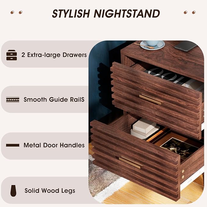 Whalefall Night Stands Set of 2, Fluted Bedside Table with Drawer, Mid Century Modern Nightstand, End Table Bed Side Tables for Bedroom, Accent Tables with Wood Legs, Brown 2pcs - Image 6
