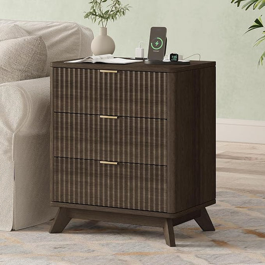 30" Tall Fluted NightStand,3 Drawers End Table with Charging Station,Modern Side Table with Storage, Night Stand Wood Bedside Tables for Bedroom,Curved Profile Design,Walnut by TROJMHome