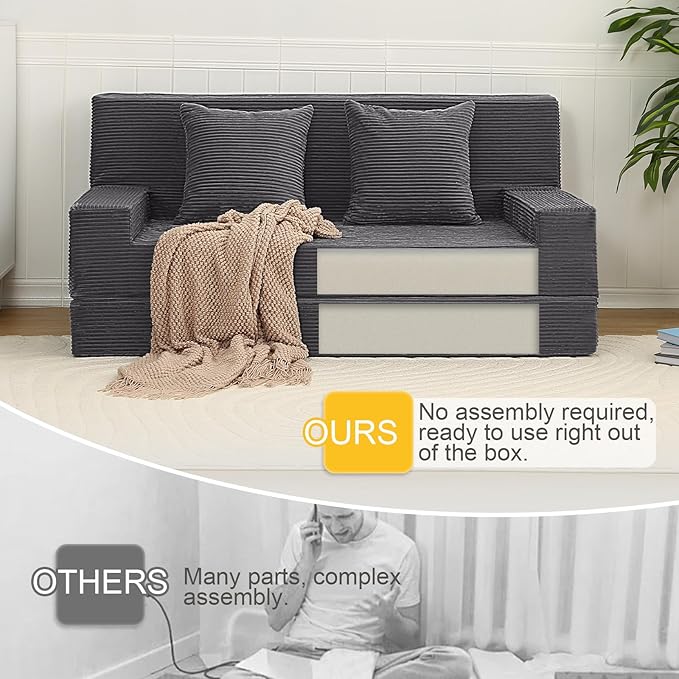 MeMoreCool Folding Futon Couch Queen – Boneless Corduroy Sofa Bed, Convertible Foam Floor Lounger with Pillow & Washable Cover, Foldable Sleeper for Living Room, Bedroom, Guest Space