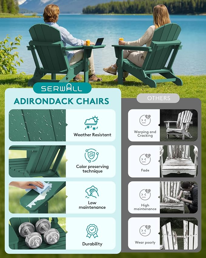 SERWALL Folding Adirondack Chair Set of 2, HIPS Adirondack Chairs with 4 in 1 Cup Holder, Weather Resistant Plastic Chairs for Patio Garden Outdoors Fire Pit - Green - Image 6