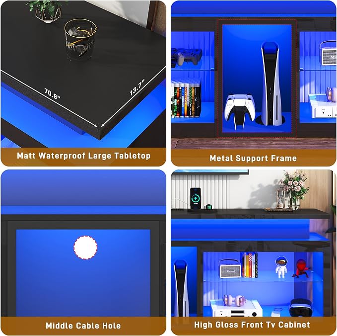 71" LED TV Stand with Power Outlet,60-Colors LED Lights For 65 70 80 in TV,High Gloss Gaming Entertainment Center w/Adjustable Shelves,Black TV Console with Modern Design for Living Room Bedroom - Image 5