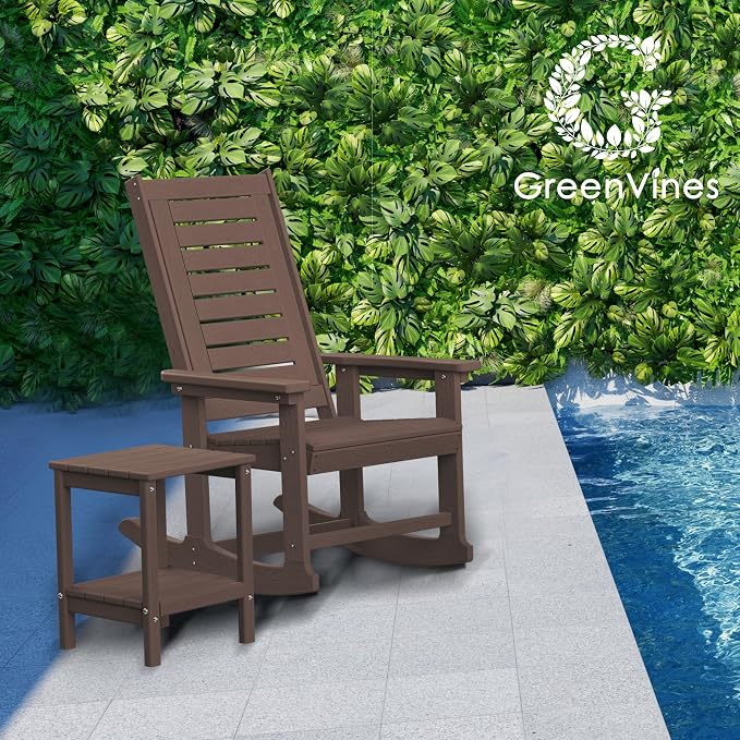 GREENVINES Outdoor Rocking Chair Set | 3-Piece | Dark Brown Wood Grain | 2 Rocking Chairs with 1 Side Table | Porch Rocker | HDPE Plastic | Patio Furniture Sets - Image 4